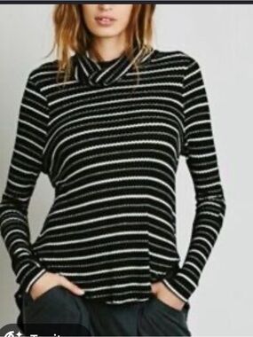 Free People We The Free Black & White Striped Turtleneck High Sweater Small